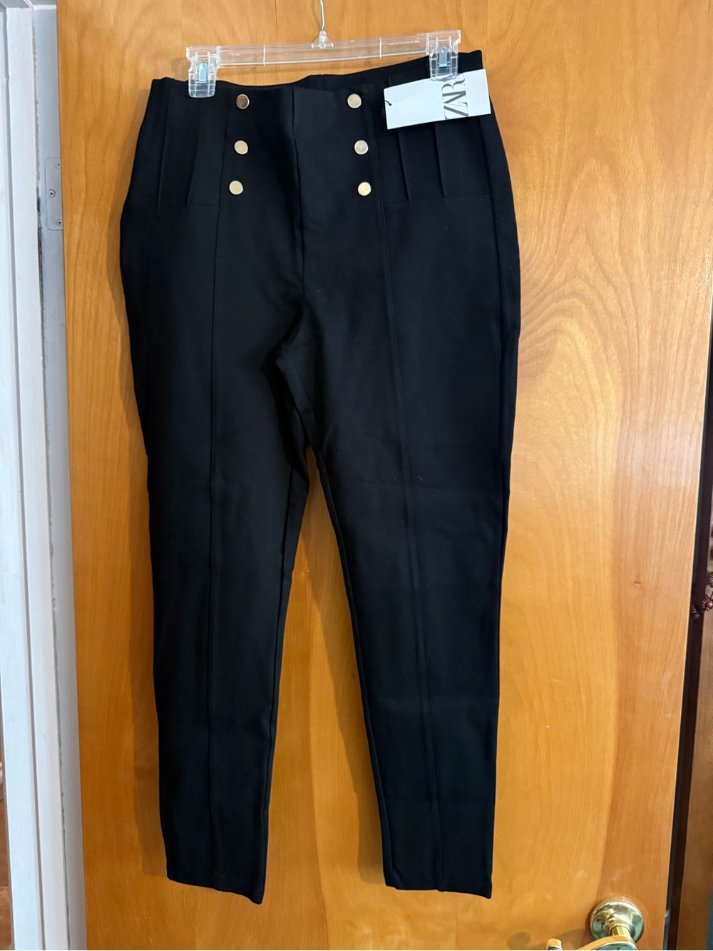 New Zara Black High-Rise Sailor Ponte Pants with Gold Buttons